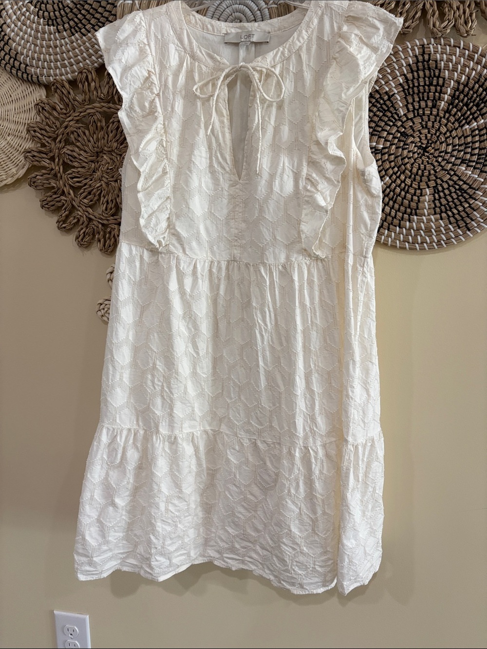 LOFT Cream Mini Dress. Medium. Geometric pattern and gold subtle sparkles.